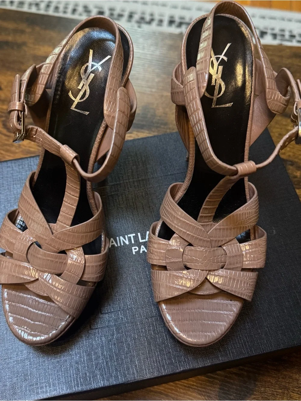 Saint Laurent Tan Croc-Embossed Leather T-Strap Sandals - Picture 15 of 16